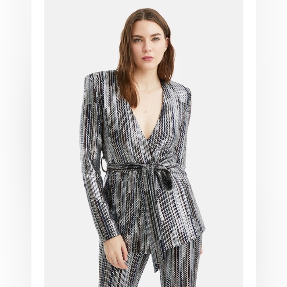 Nocturne Shoulder Pad Belted Wrap Blazer Jacket Silver Womens 38 US Medium